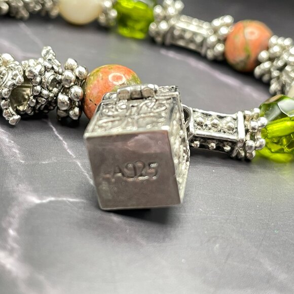 Vintage Unakite & Sterling Bracelet 925 Locking Box Charm Glass Beads Faux Pearl - Picture 3 of 10
